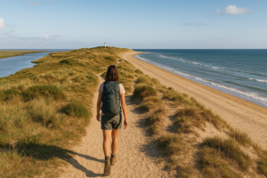 jeune femme s'avançant vers la pointe d'Agon