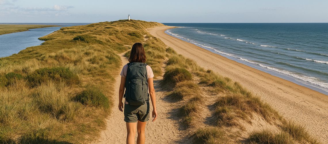 photo d'une femme en randonnée s'avançant vers la Pointe d'Agon